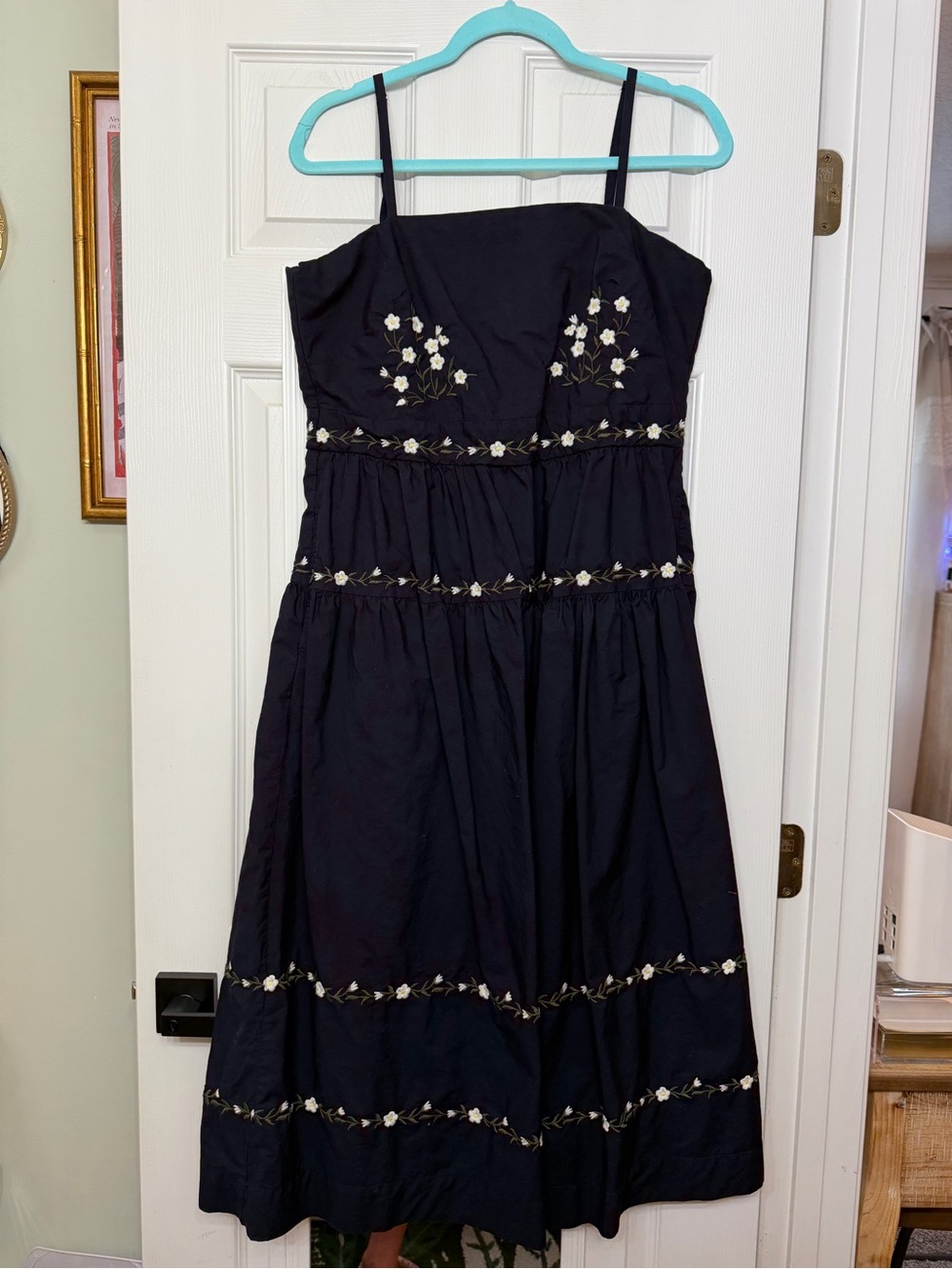 Navy Spaghetti Strap Dress with White Floral Embroidery